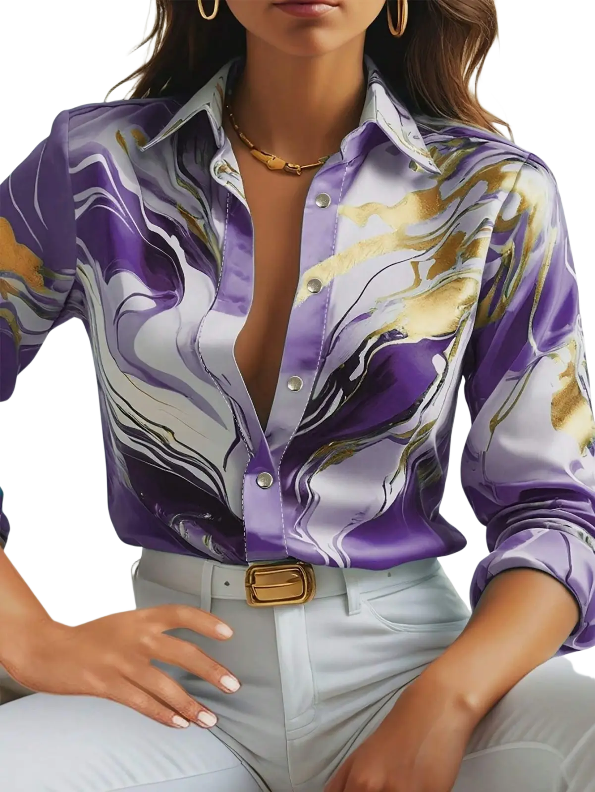 Women’s marble print satin long sleeve blouse with vibrant purple white and gold pattern and classic collar