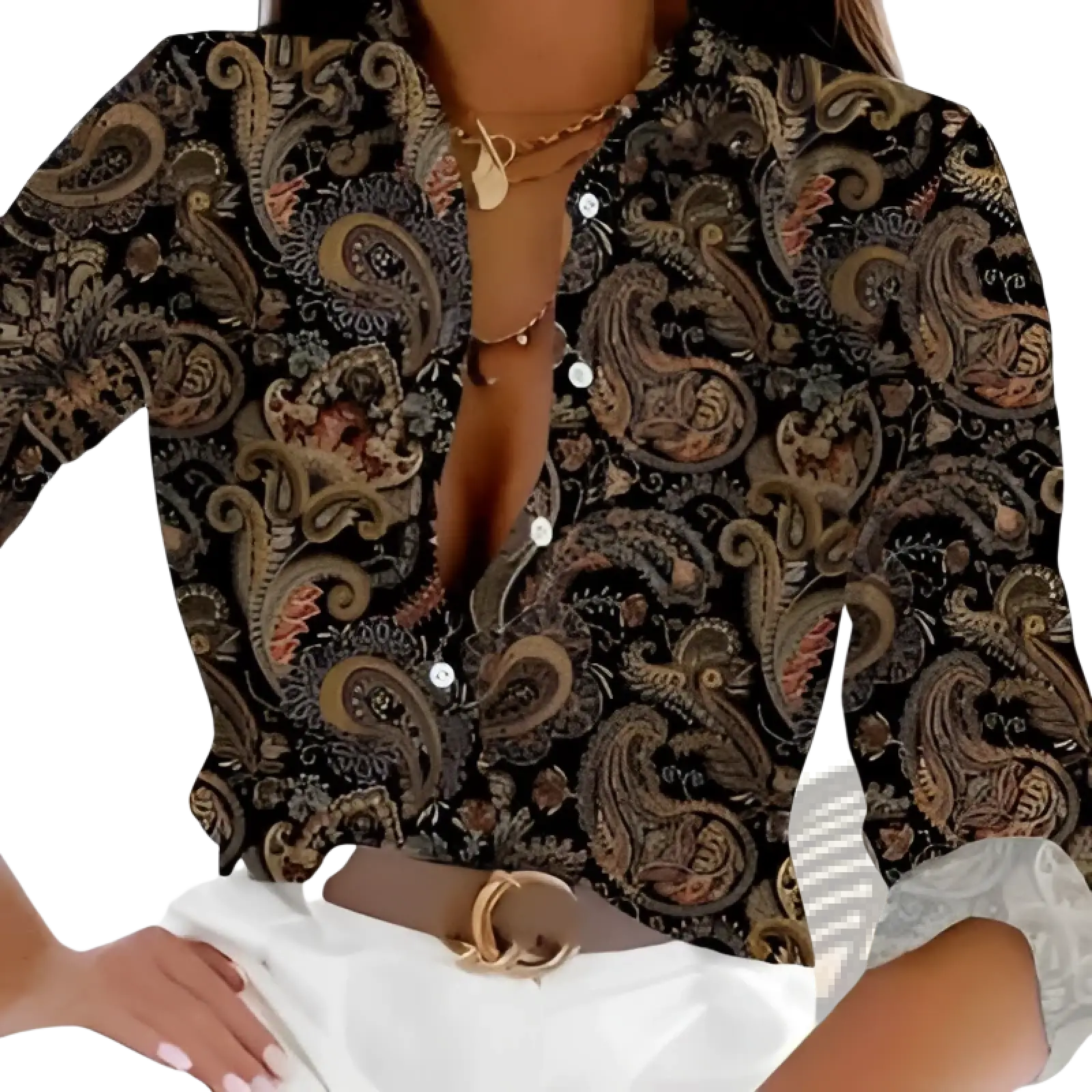 Women’s black satin blouse with intricate gold and brown paisley marble print, button-down front, and rolled-up sleeves
