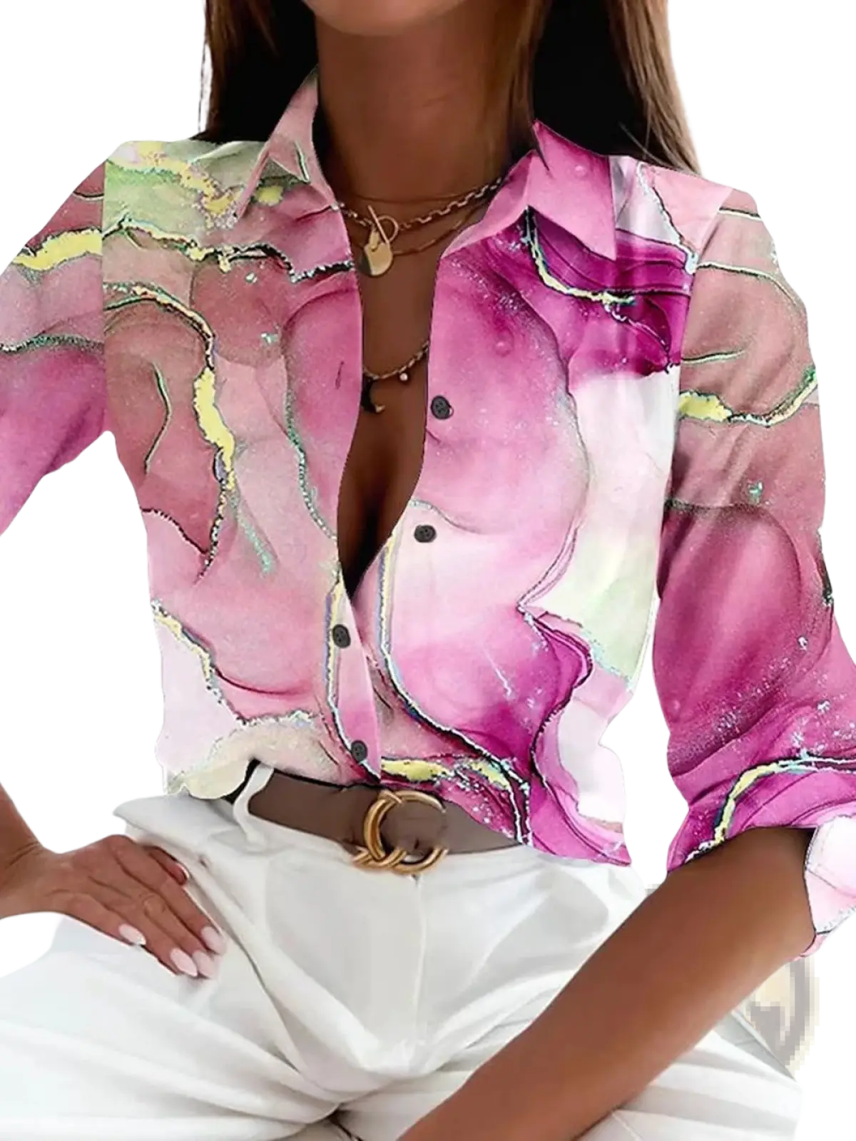 Women’s marble print satin blouse in vibrant pink and purple with deep v-neckline black buttons and long sleeves