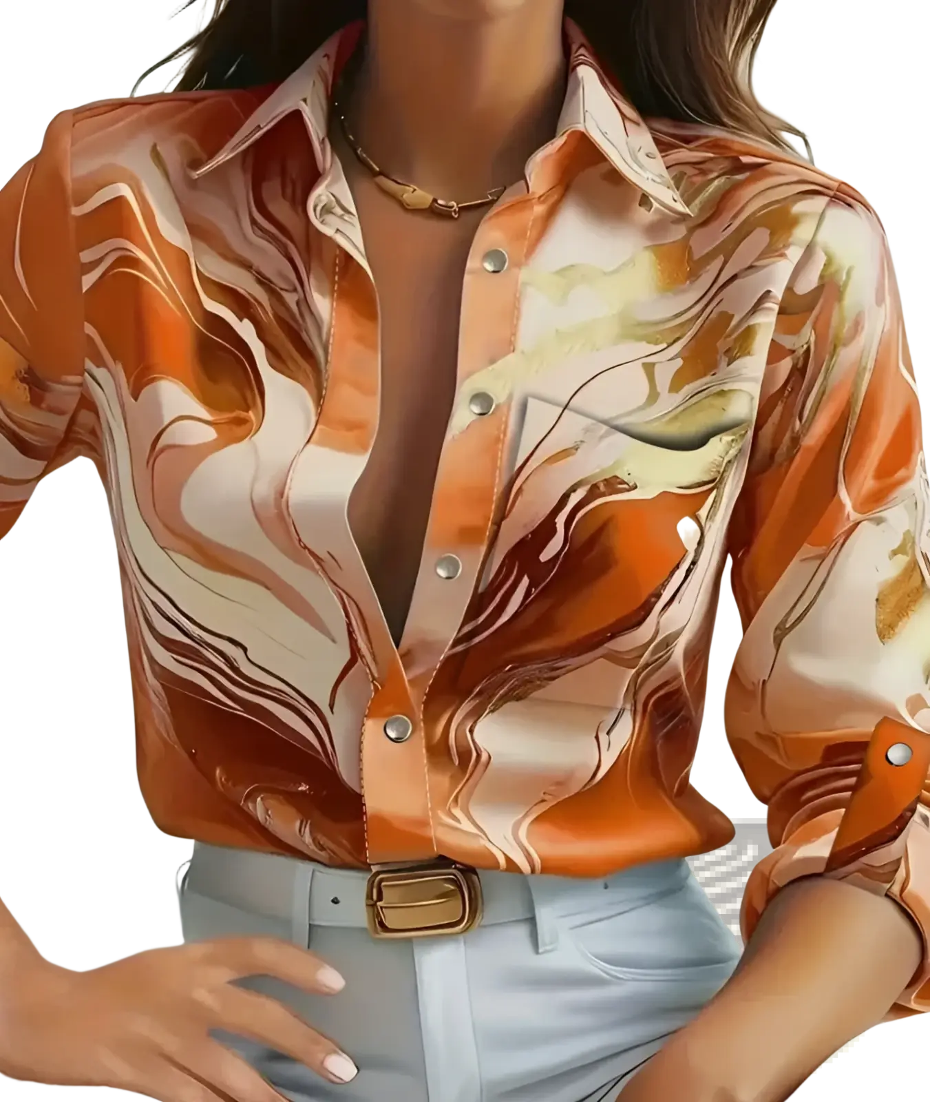 A vibrant orange and cream marbled silk satin long sleeve button blouse for women with a sleek finish