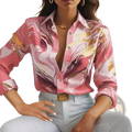 Women’s marble print satin long sleeve button blouse in pink white and gold marbled silk with button-down front