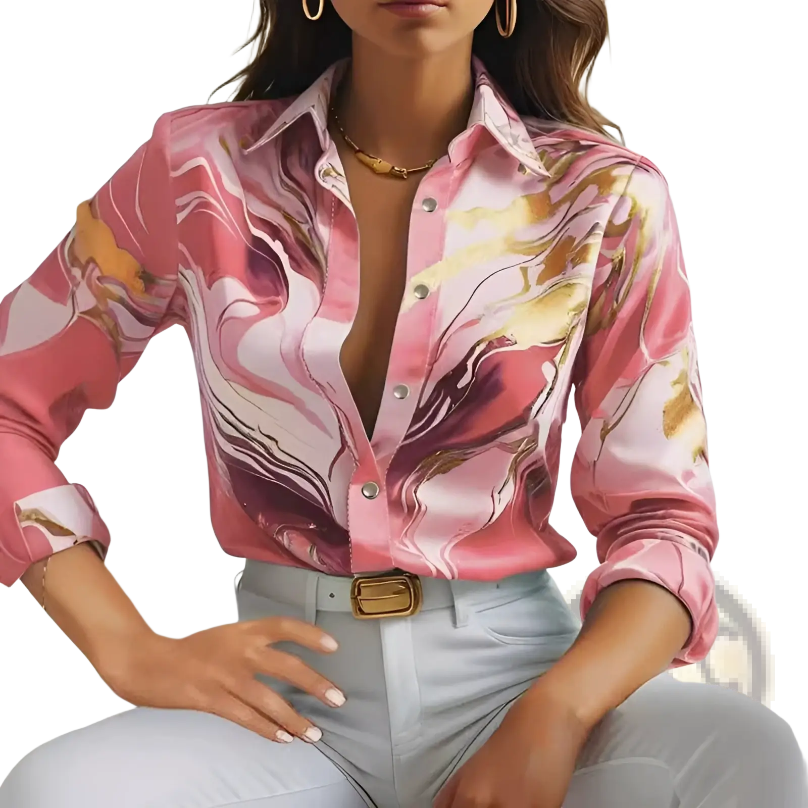 Women’s marble print satin long sleeve button blouse in pink white and gold marbled silk with button-down front