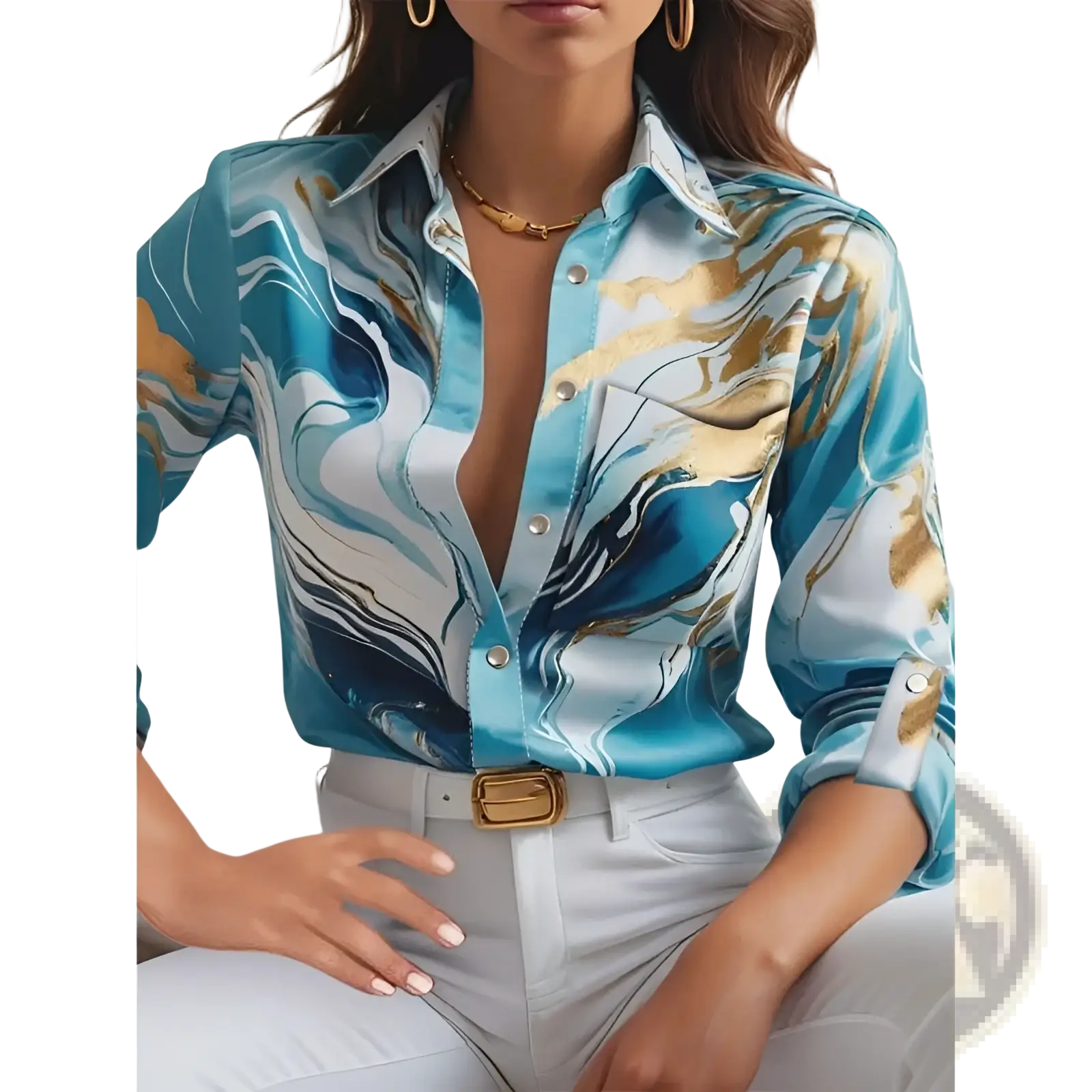 Women’s marble print satin blouse in shimmering blue and gold with long sleeves and button-down front
