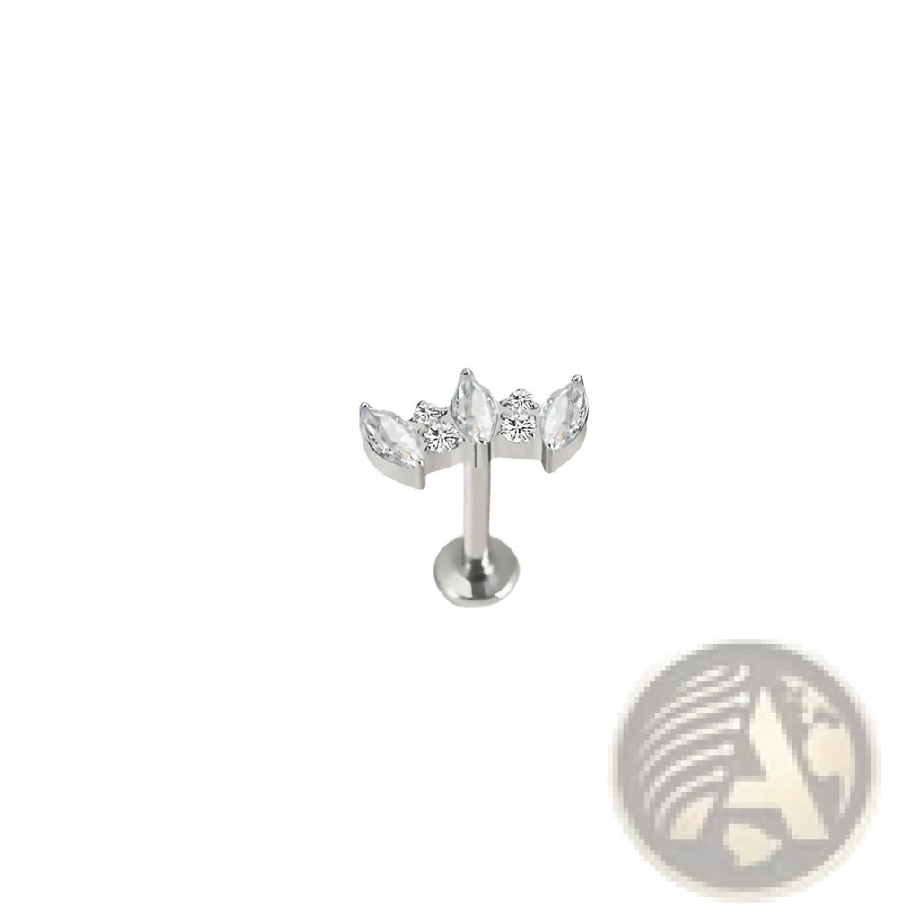 Silver-colored women’s marquise crystal flower stainless steel labret stud with three clear crystals in a leaf design
