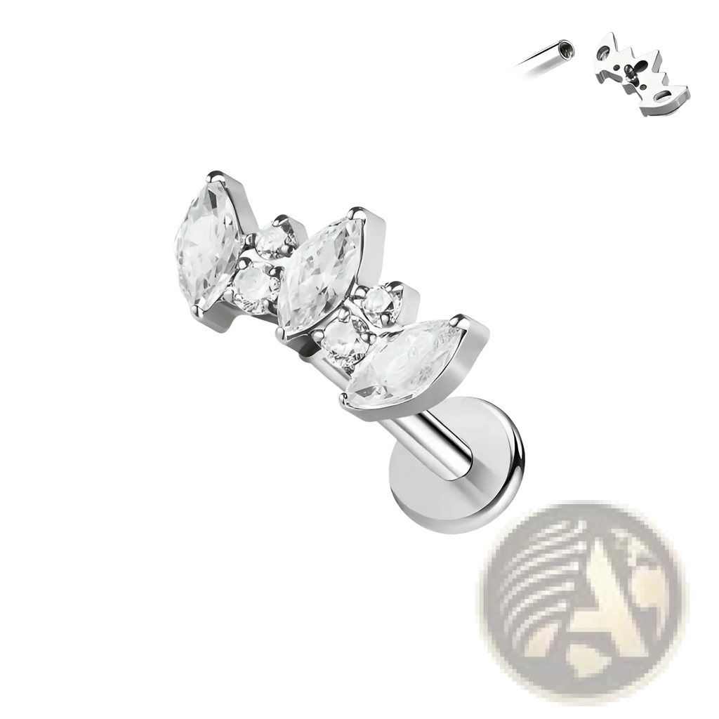 Silver-colored stainless steel body piercing studs with three marquise-cut clear crystals in a leaf design