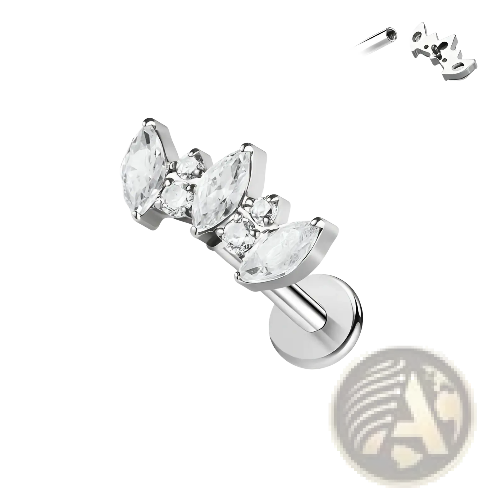 Silver-colored stainless steel body piercing studs with three marquise-cut clear crystals in a leaf design