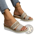 Women’s beige woven mesh espadrille platform wedge sandals with decorative lace-up strap and white rubber sole