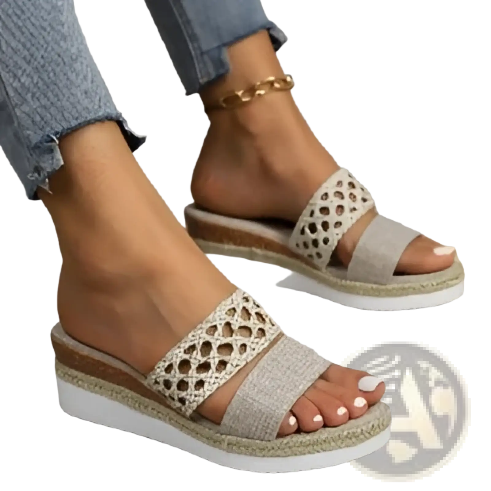 Women’s beige woven mesh espadrille platform wedge sandals with decorative lace-up strap and white rubber sole