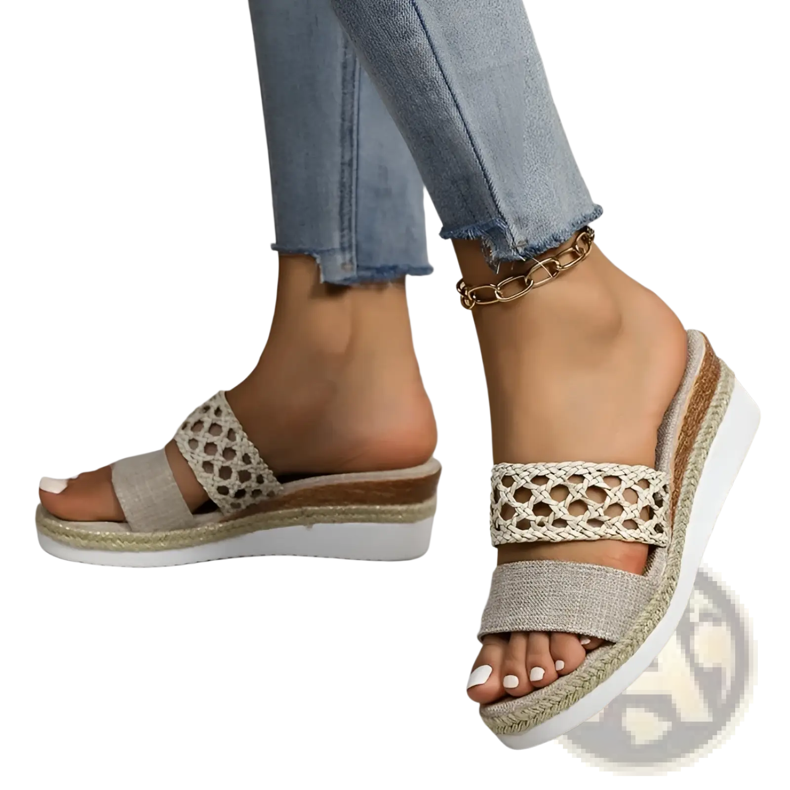 Beige woven strap women’s mesh espadrille platform wedge sandals with textured fabric upper and espadrille sole