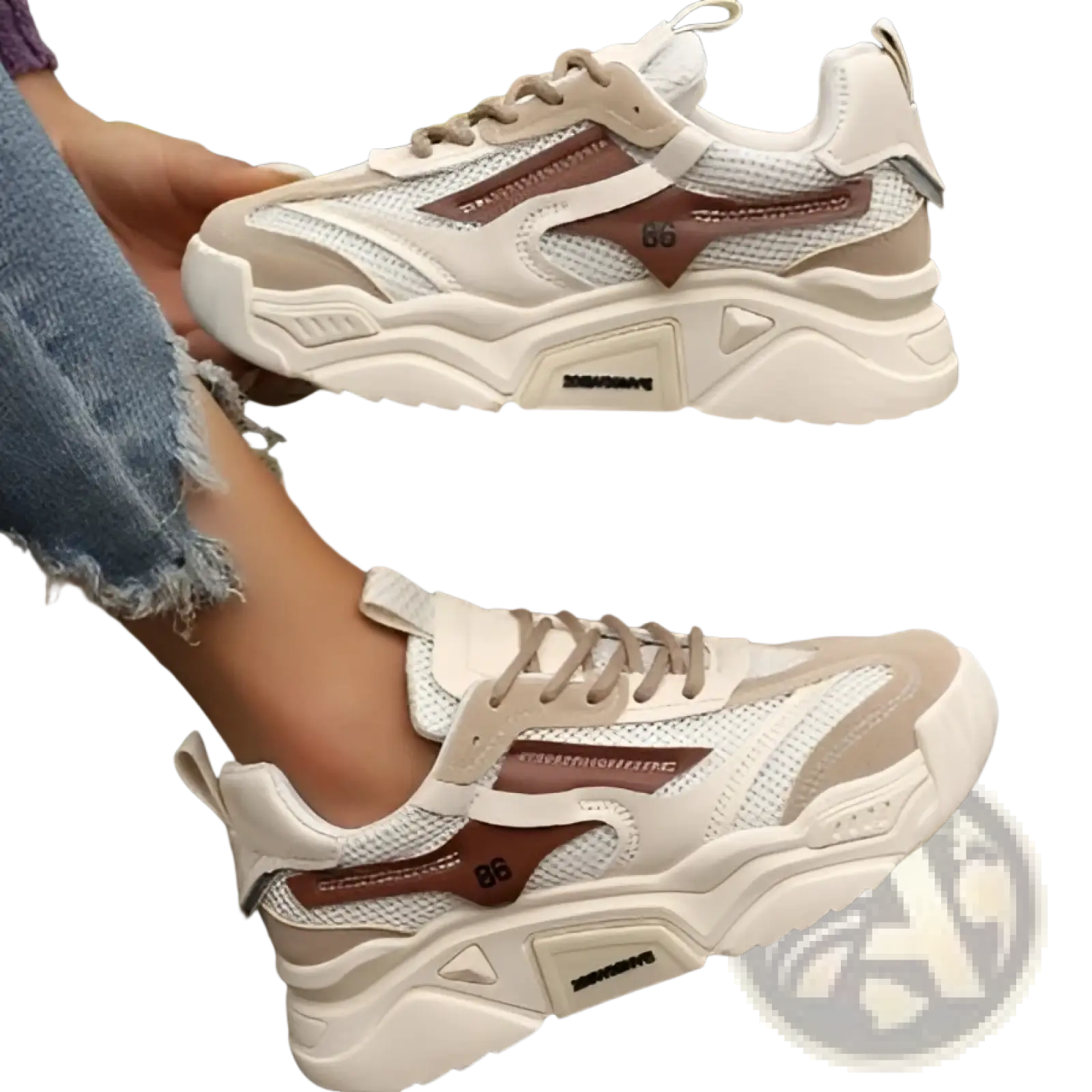 Cream and brown womens mesh platform sneakers with chunky rubber sole and visible branding on the side