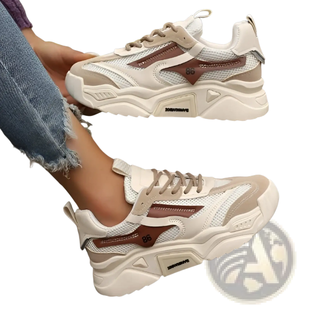 Womens cream-colored mesh platform sneakers with brown accents and thick white rubber sole breathable chunky shoes