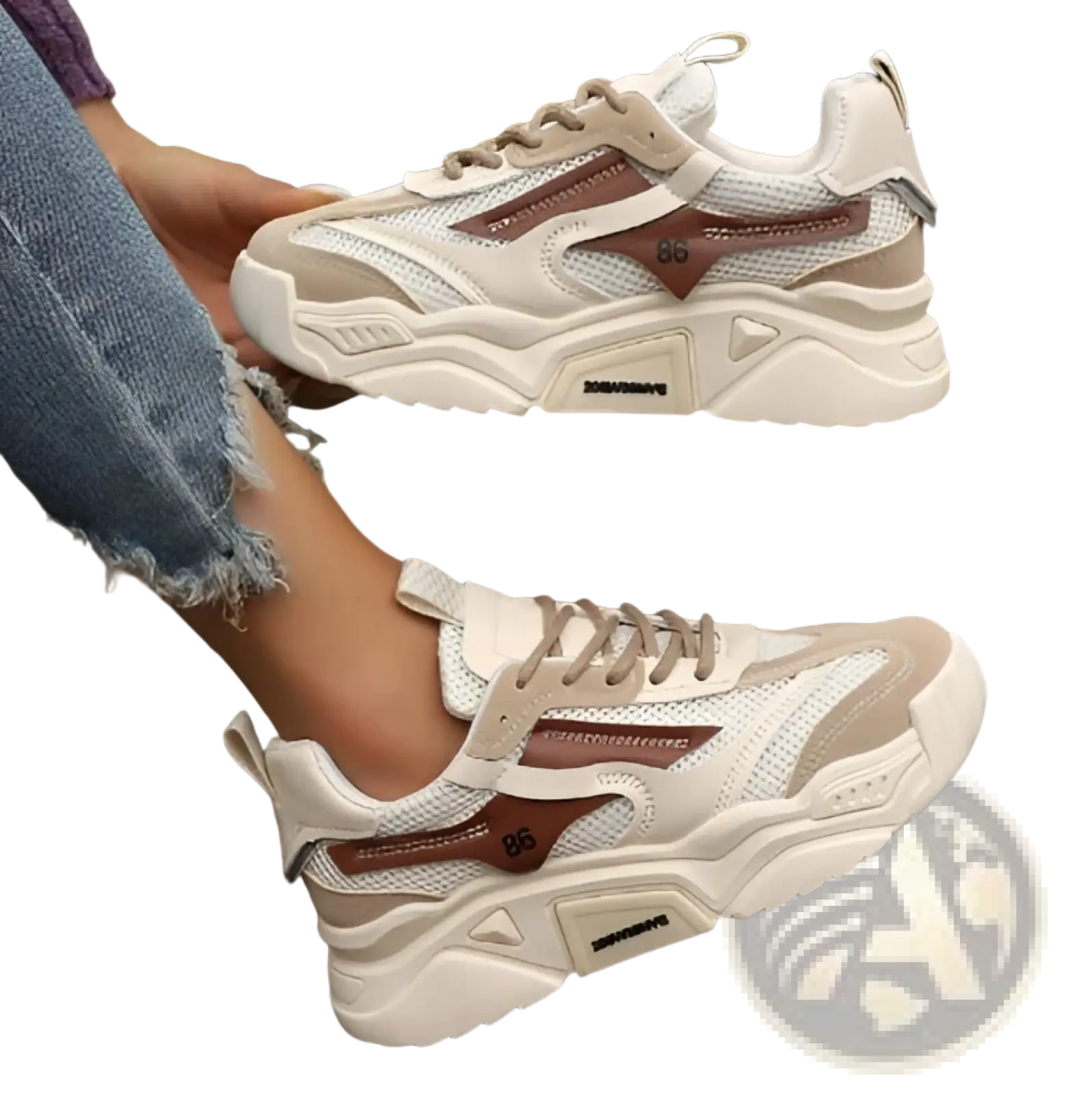 Womens cream-colored mesh platform sneakers with brown accents and thick white rubber sole breathable chunky shoes