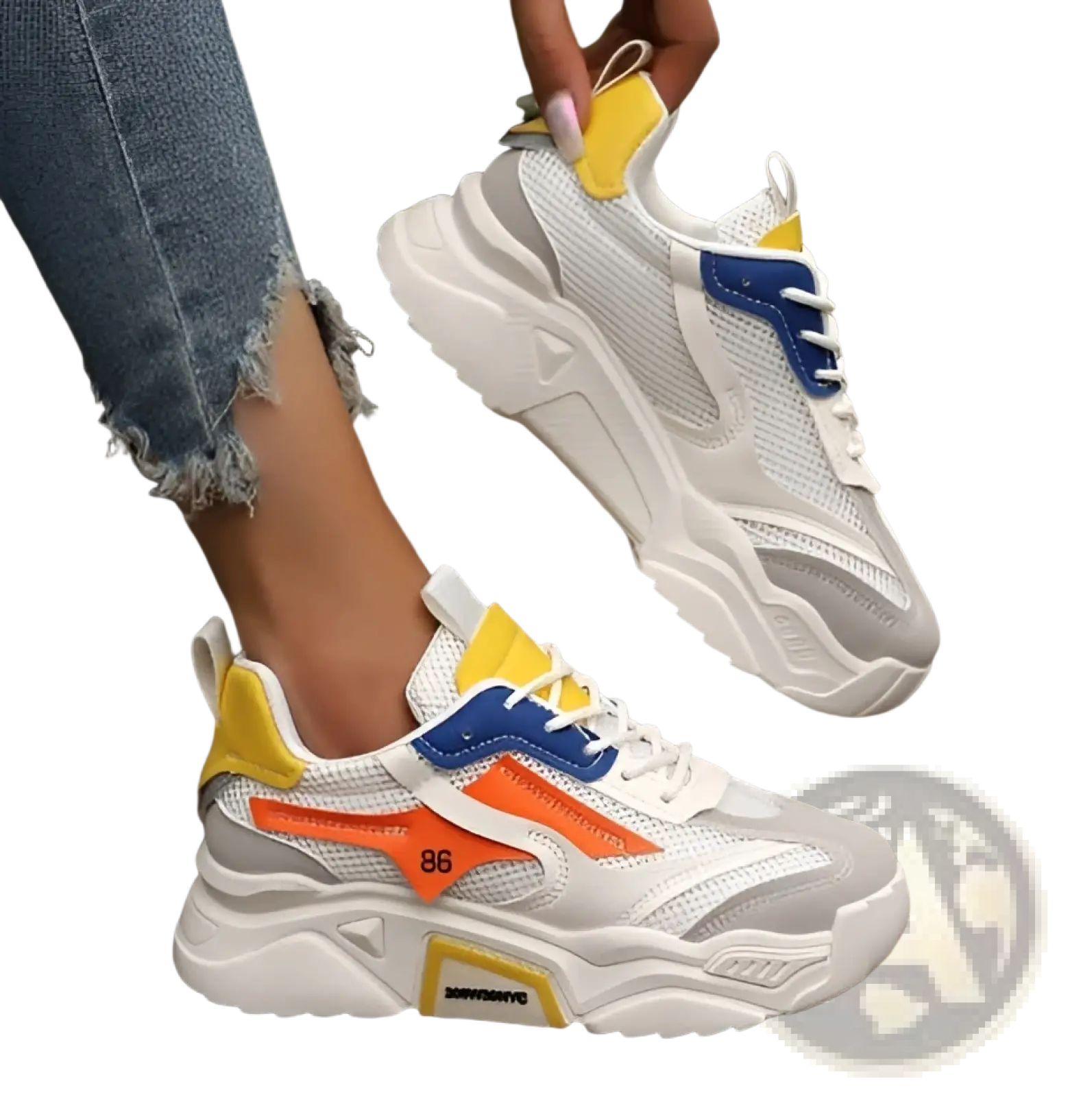 Womens breathable mesh platform sneakers in white and gray with yellow blue and orange chunky accents on the sides and heel