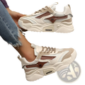 Cream and brown womens mesh platform sneakers with breathable chunky mesh and synthetic overlays and bold layered sole design