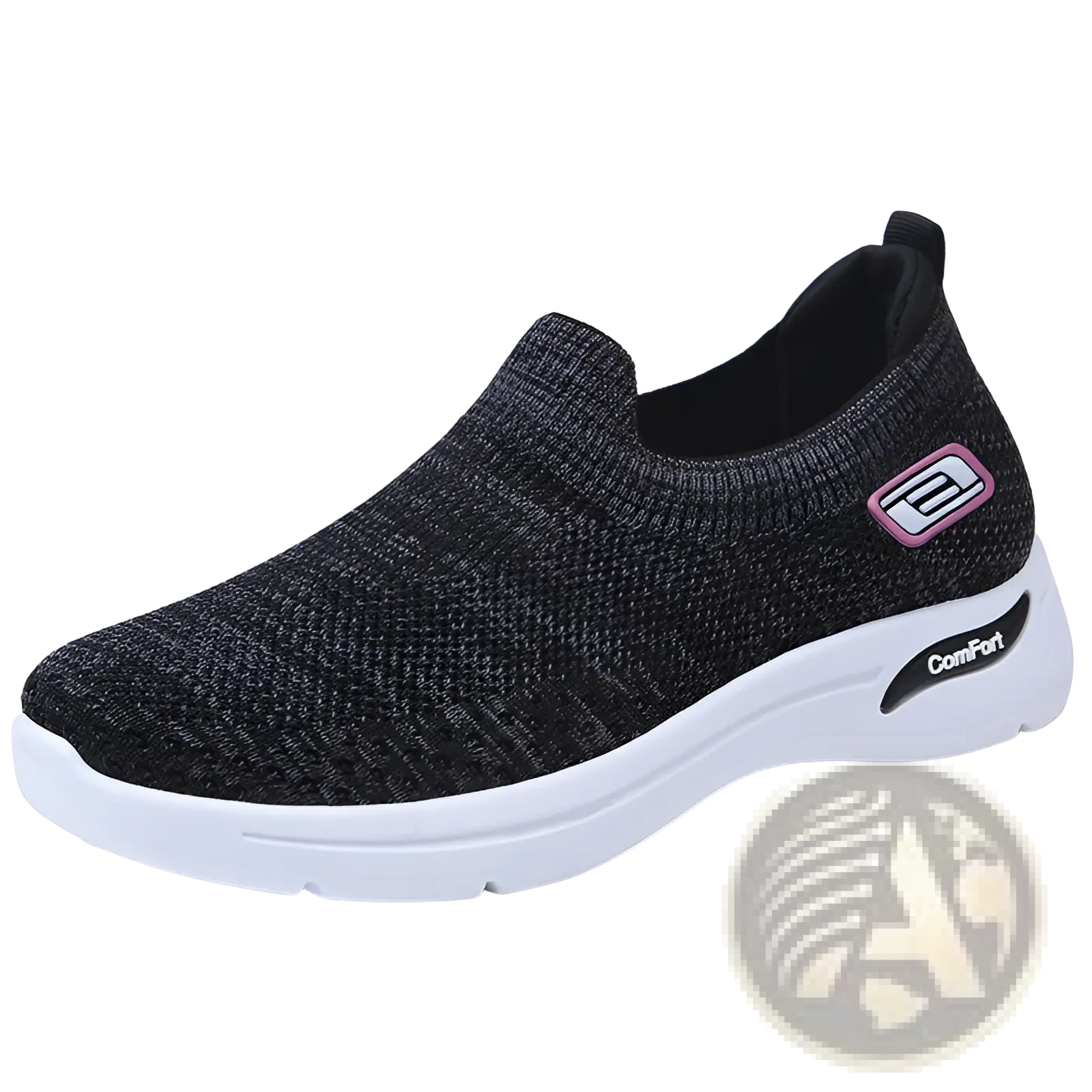 Black mesh knit slip-on women’s sneaker with white rubber sole and pink-accented logo for comfort wear
