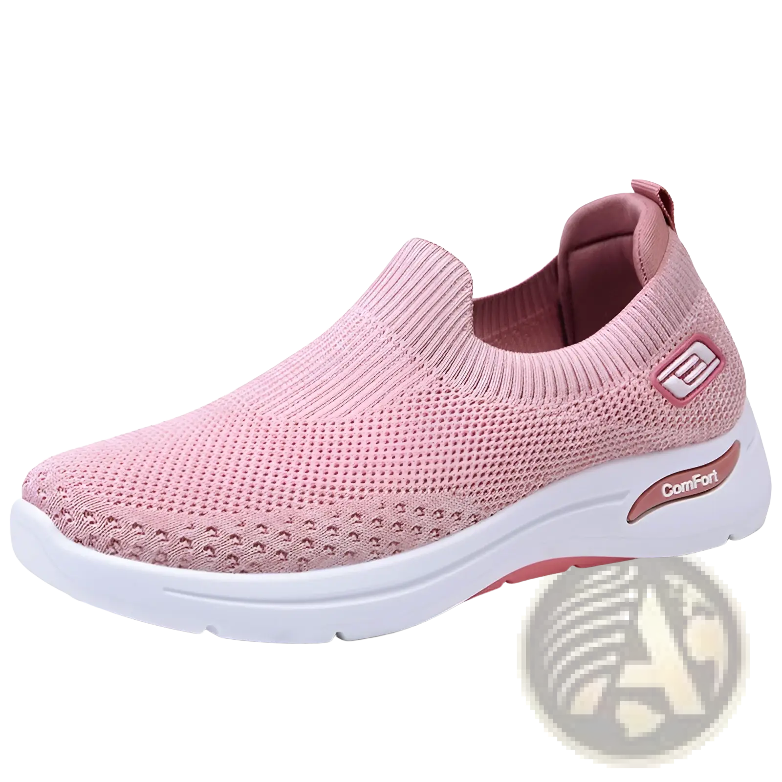 Women’s pink knit slip-on comfort sneaker with white rubber sole and mesh upper for casual wear