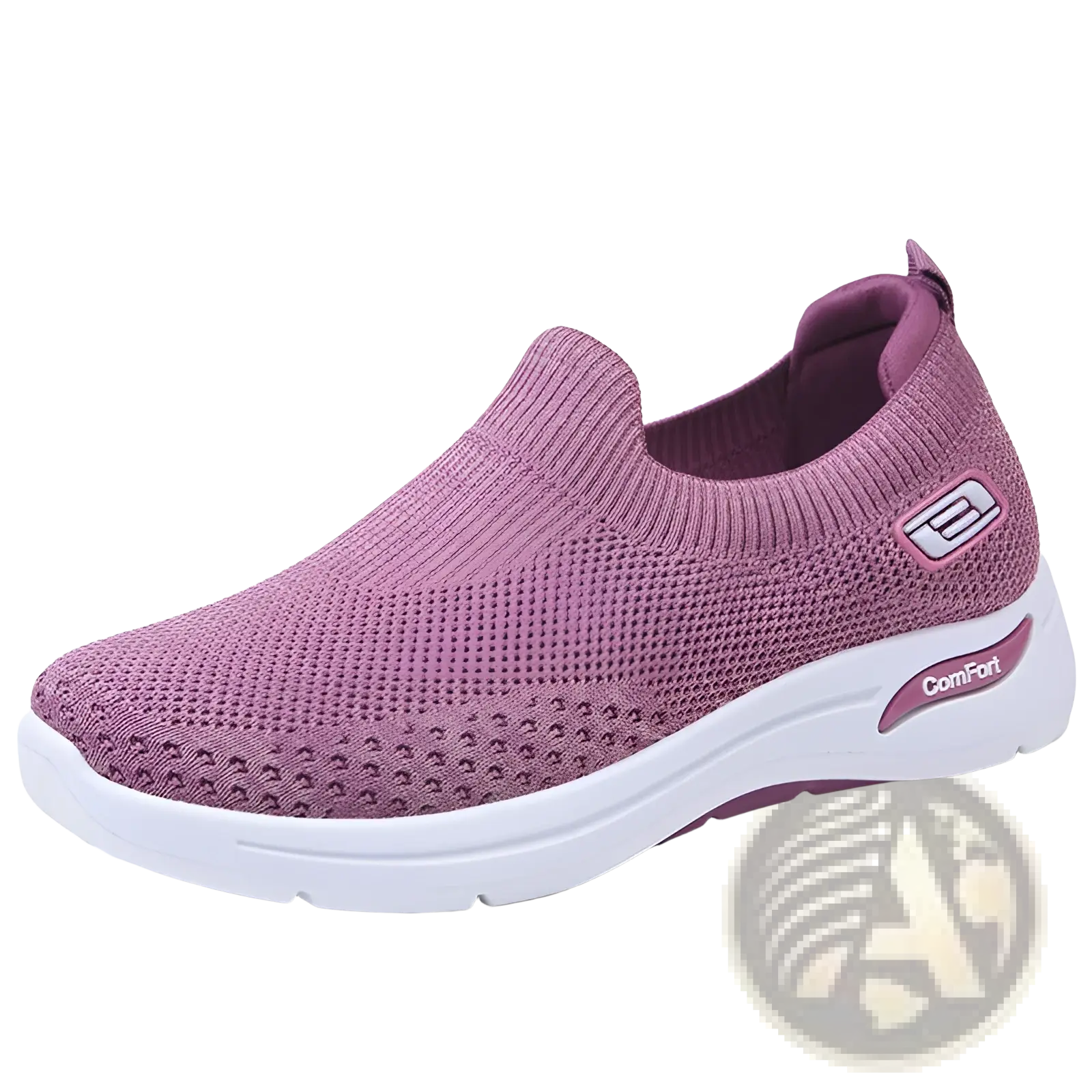 Purple knit slip-on women’s sneaker with white rubber sole and comfort branding, featuring breathable mesh material
