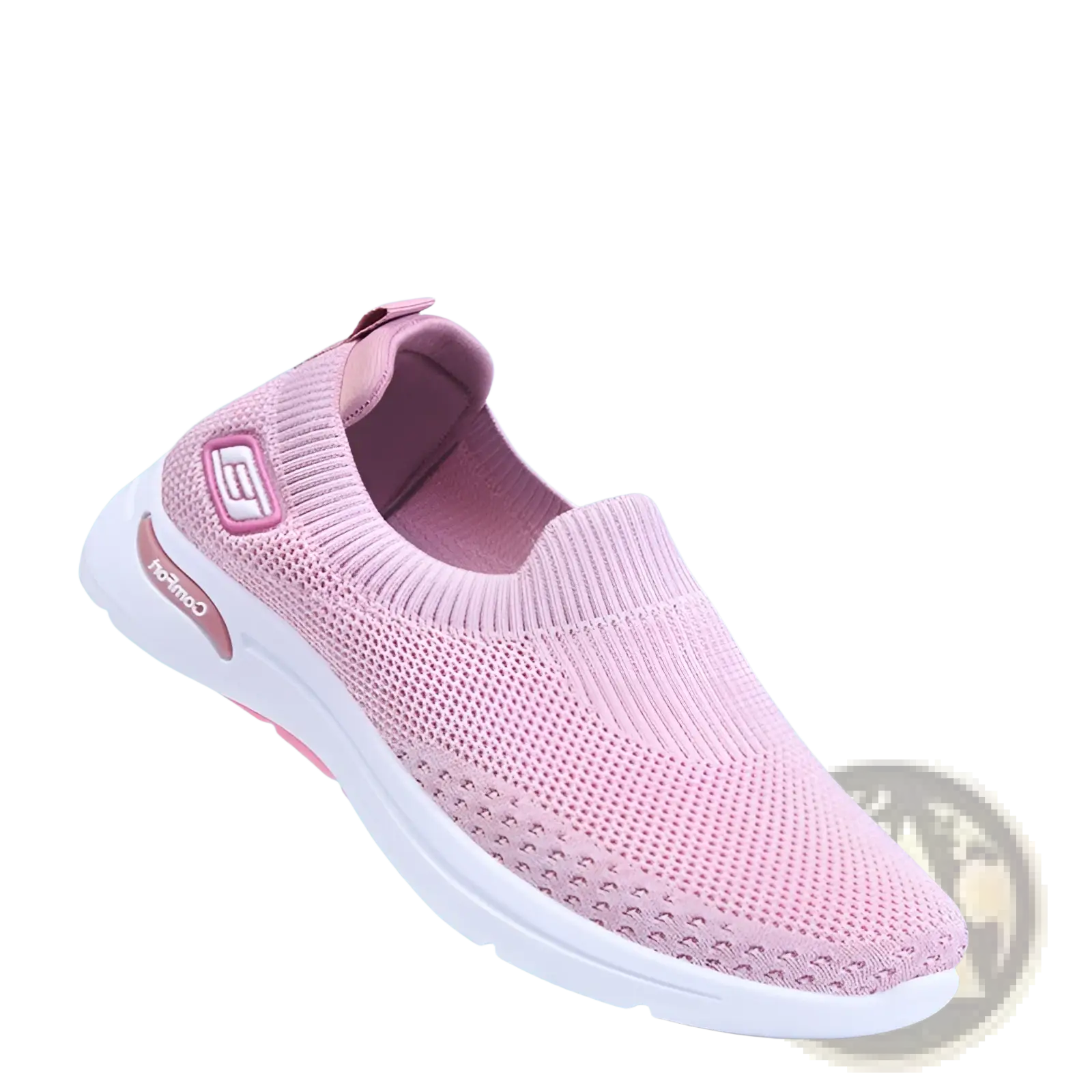 Women’s pink mesh slip-on knit comfort sneaker with white sole and subtle logo on the side