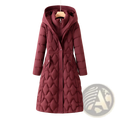 Woman’s mid-length maroon quilted winter coat with diamond pattern stitching and front button closure