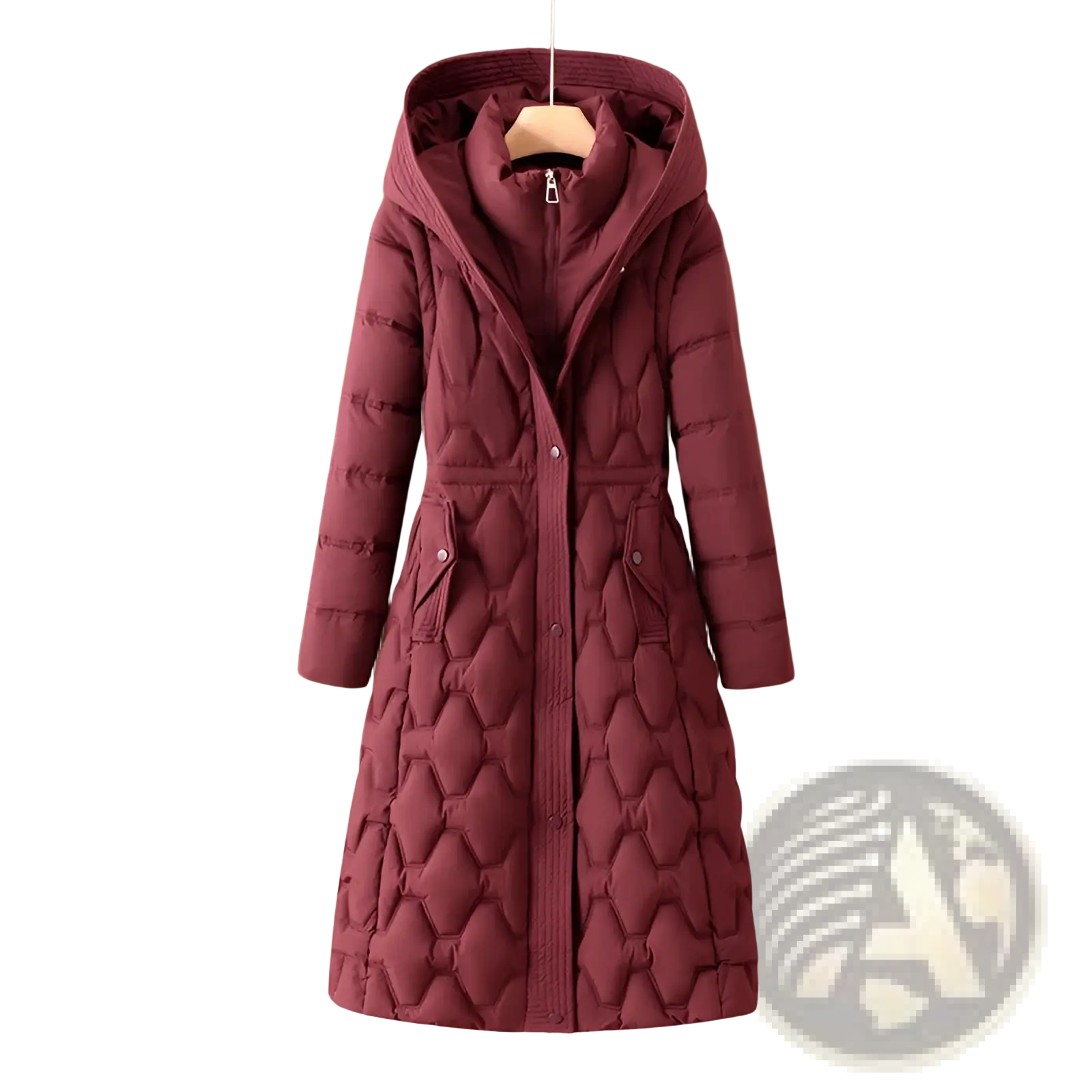 Woman’s mid-length maroon quilted winter coat with diamond pattern stitching and front button closure