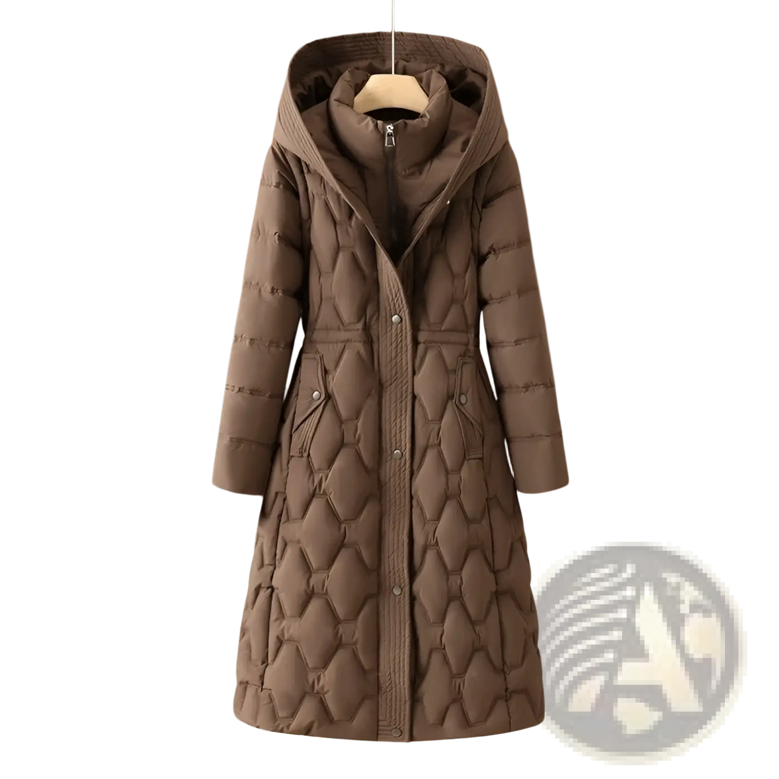 Women’s mid-length brown quilted winter coat with hood and front button closure for cold weather use