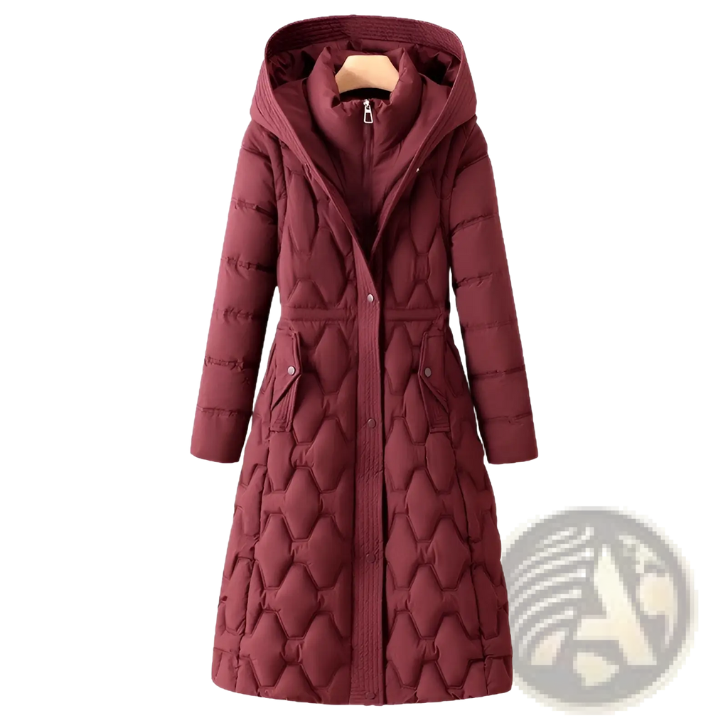 Women’s mid-length quilted winter coat in maroon with hexagonal stitching pattern and front pockets with hood