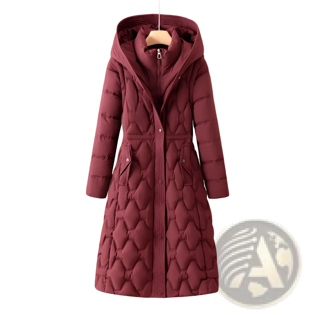Women’s mid-length maroon quilted winter coat with diamond stitching, hood, and front button closure