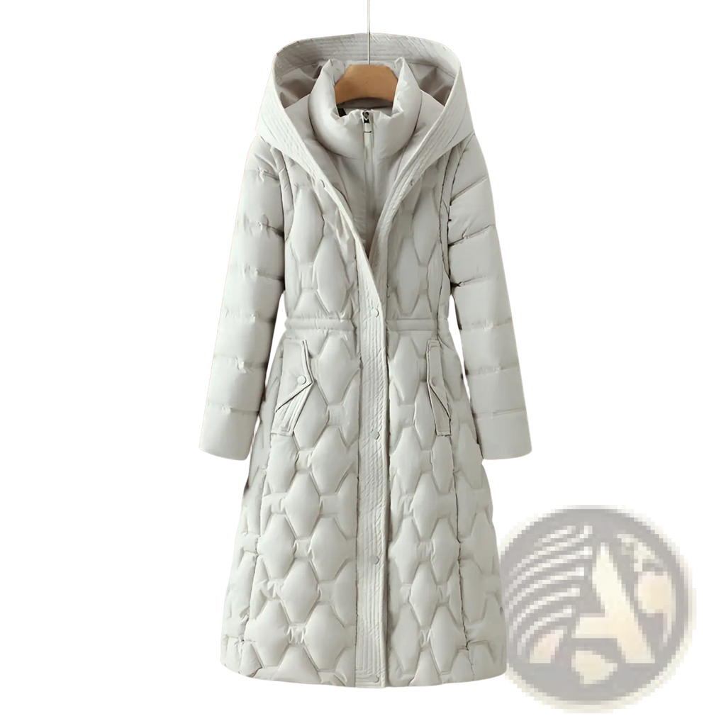 Women’s mid-length white quilted winter coat with hood high collar and front button closure for cold weather