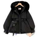 Women’s mid-length slim black cotton-padded winter parka with a plush faux fur hood and drawstring waist