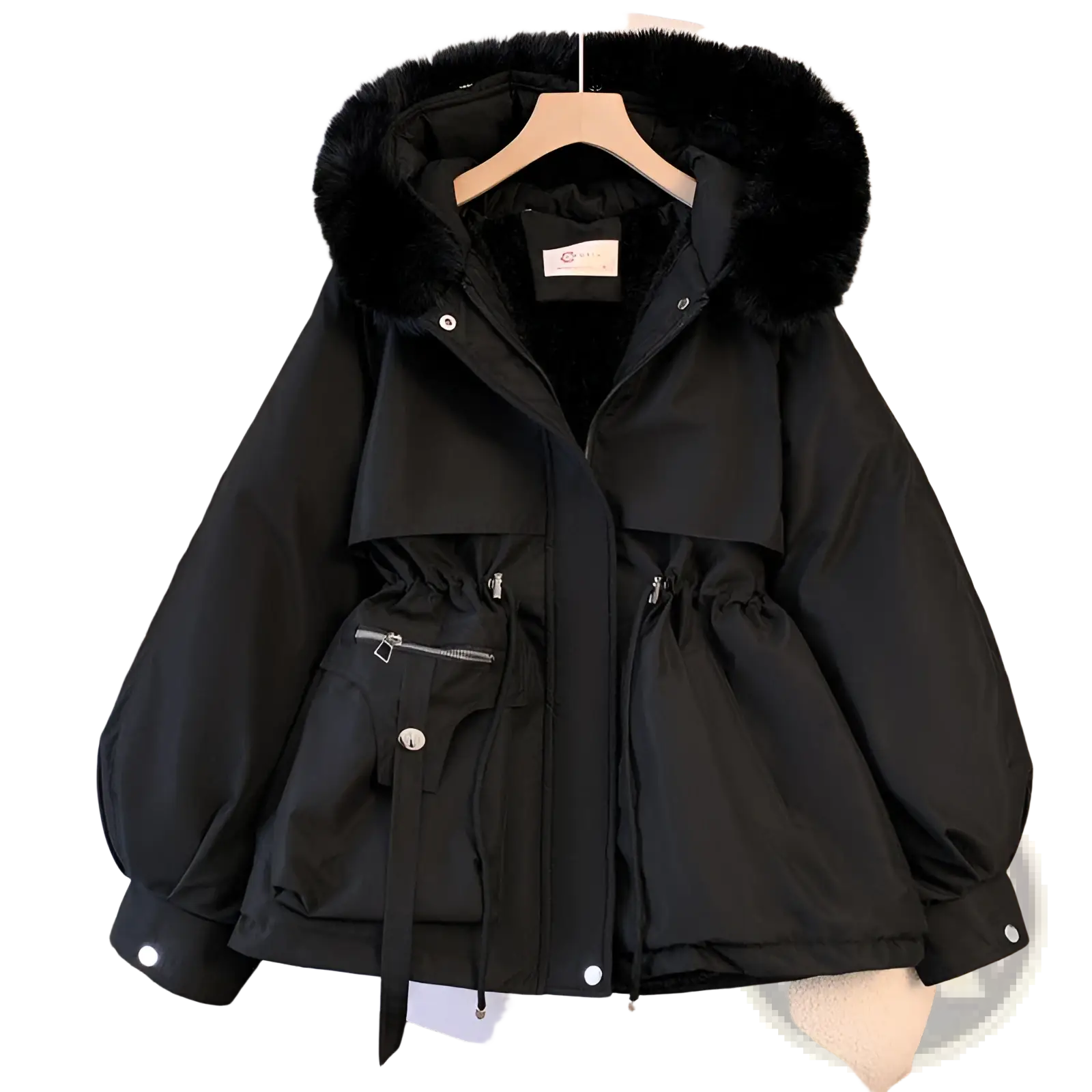 Women’s mid-length slim black cotton-padded winter parka with a plush faux fur hood and drawstring waist