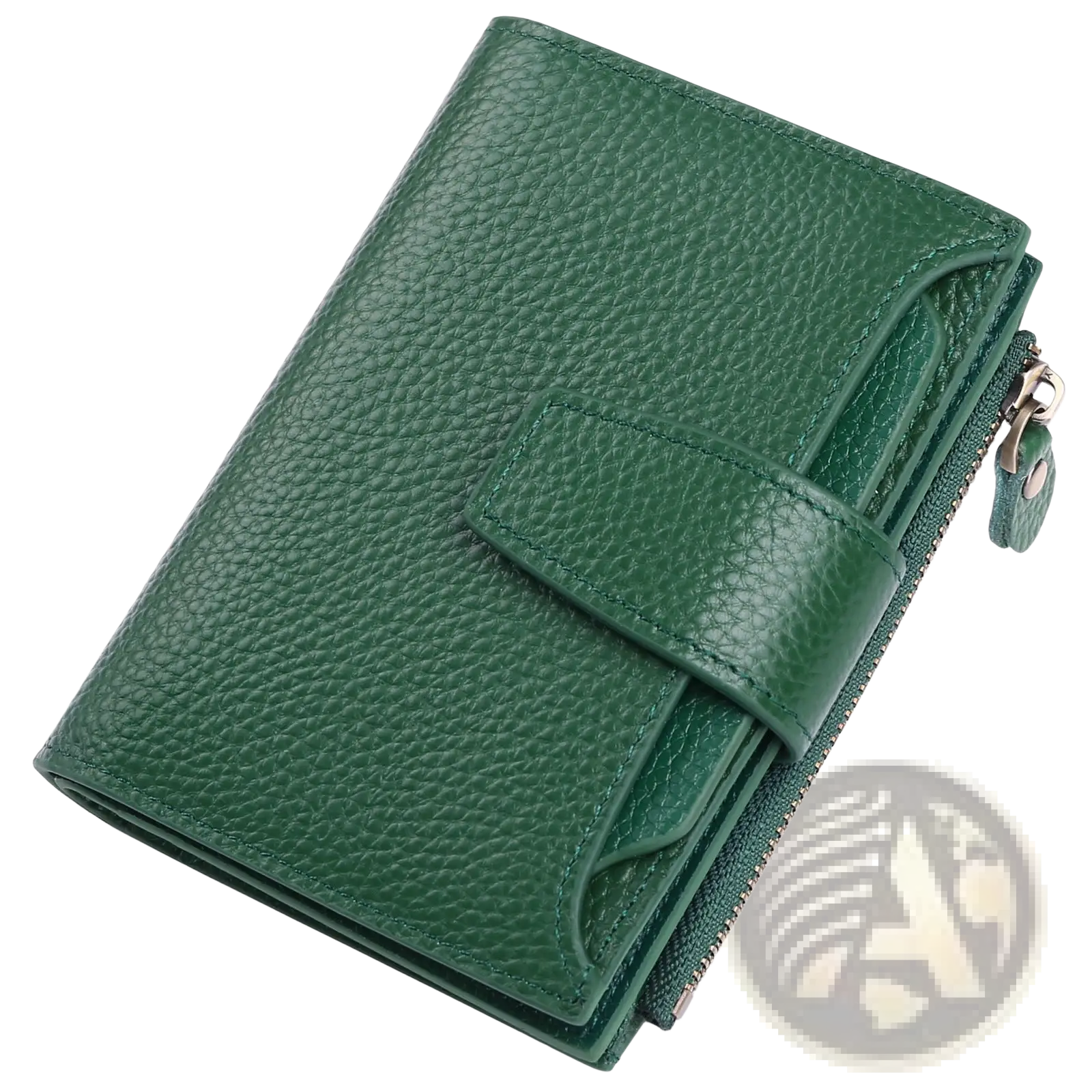 Women’s milled cowhide leather short wallet in dark green with pebbled texture flap closure and side zipper