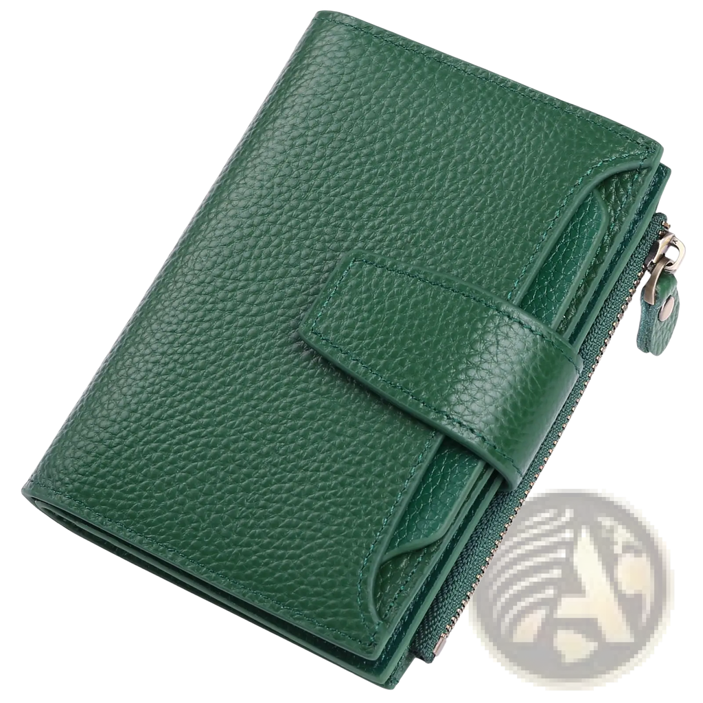 Women’s milled cowhide leather short wallet in dark green with pebbled texture flap closure and side zipper
