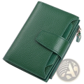Women’s milled cowhide leather short wallet in dark green with pebbled texture flap closure and side zipper