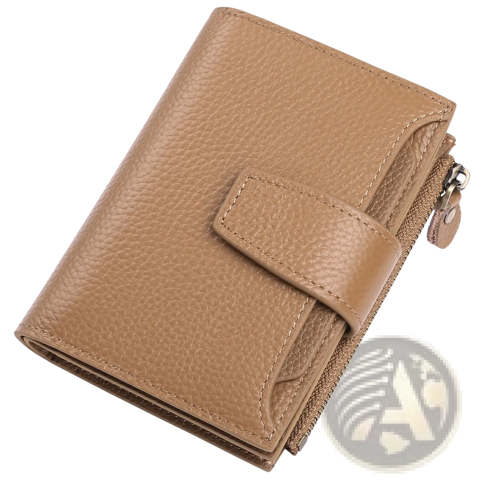 Tan pebbled milled cowhide leather short wallet with flap closure and zipper compartment for women