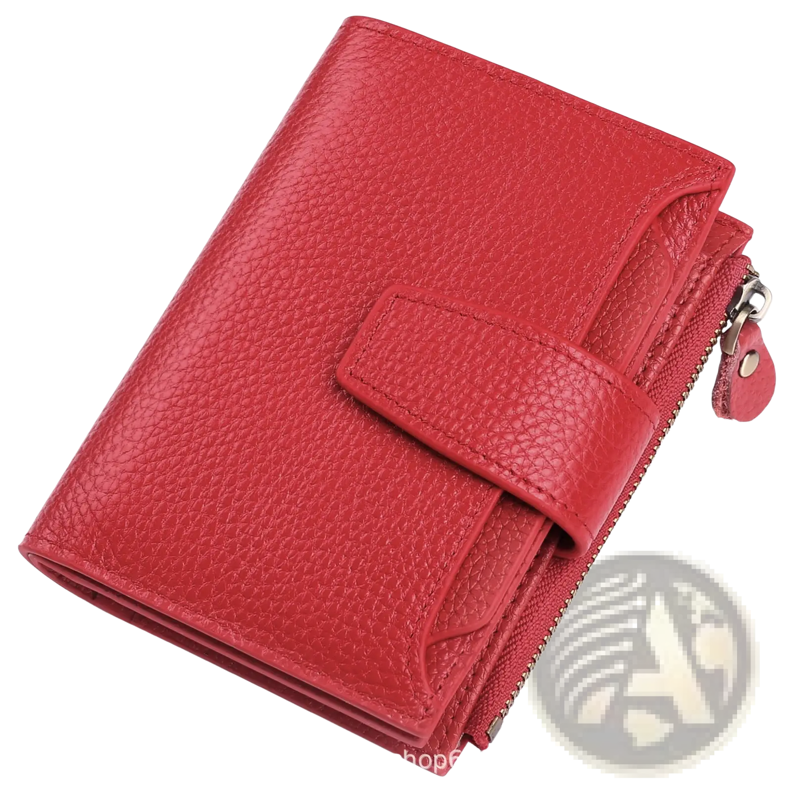 Vibrant red textured milled cowhide leather women’s short wallet with flap closure and zipper detail