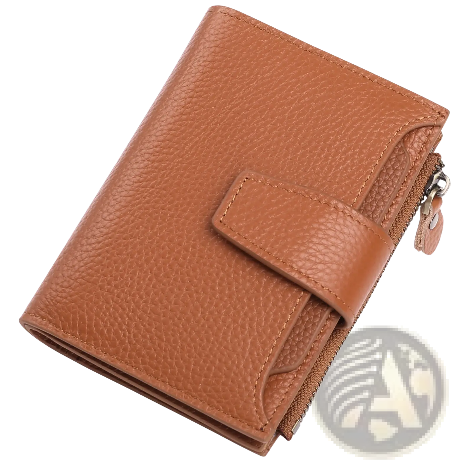 Women’s milled cowhide leather short wallet in tan pebbled leather with flap closure and side zipper