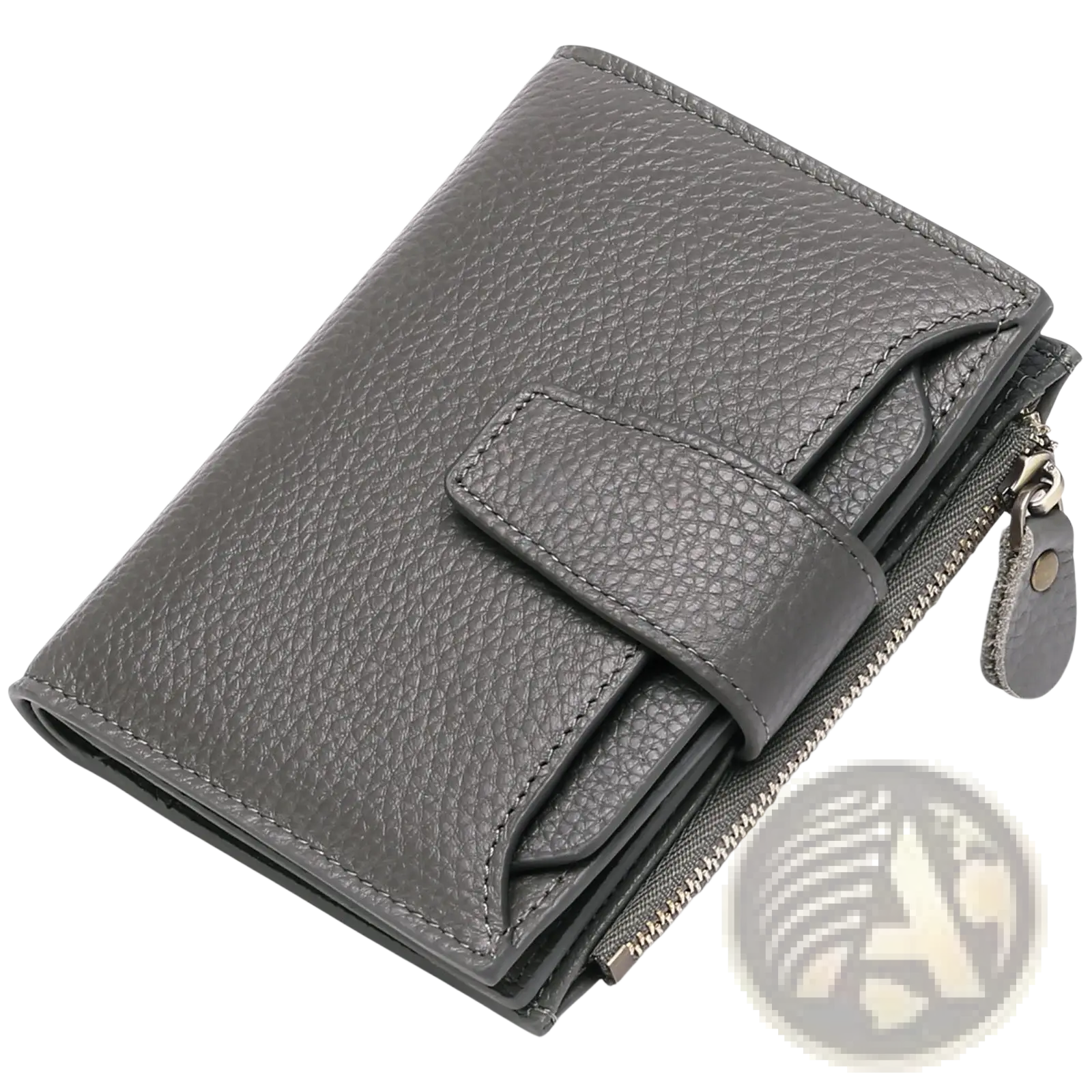 Dark gray milled cowhide leather short wallet with flap closure and zipper compartment for women