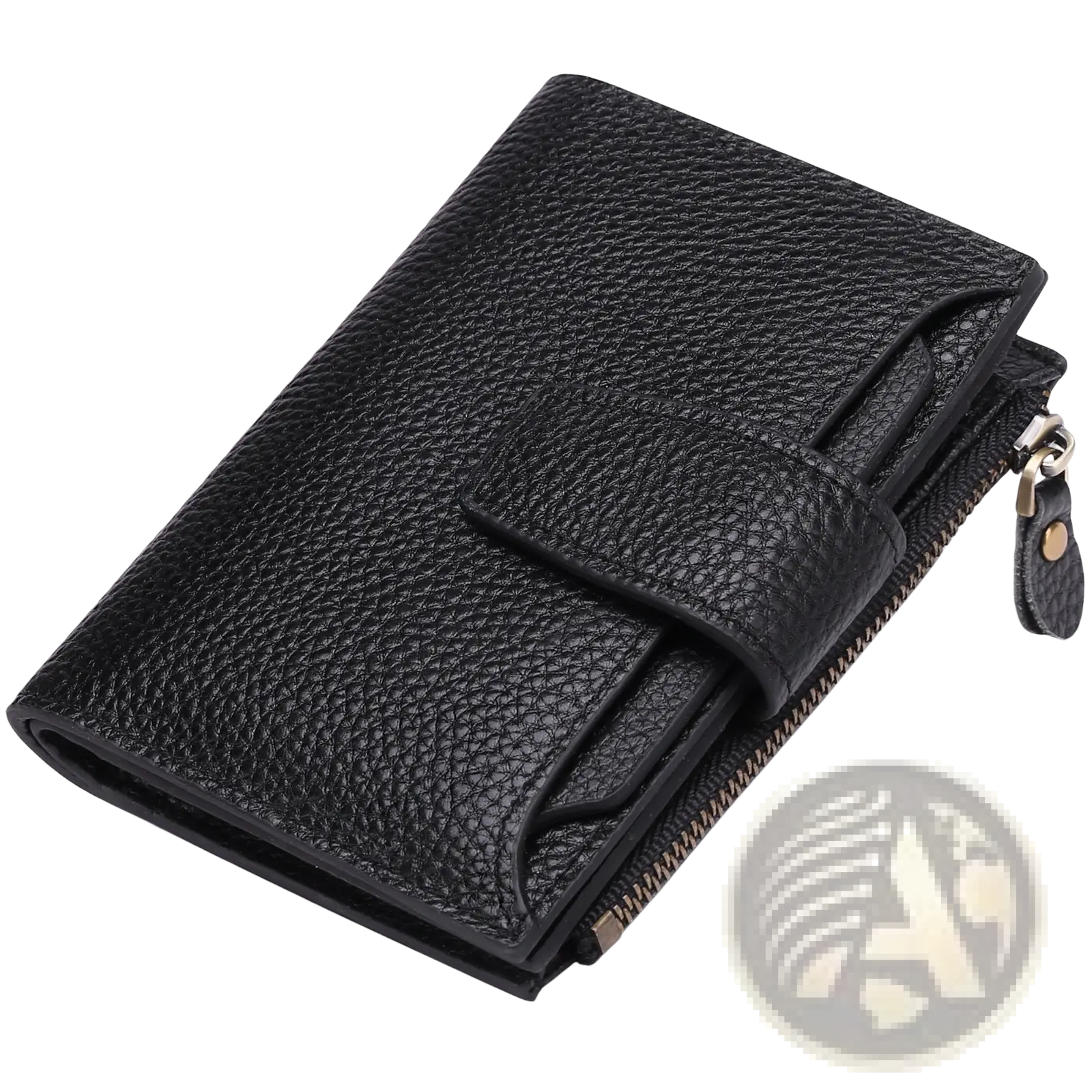 Black milled cowhide leather women’s short wallet with textured flap design and zipper closure