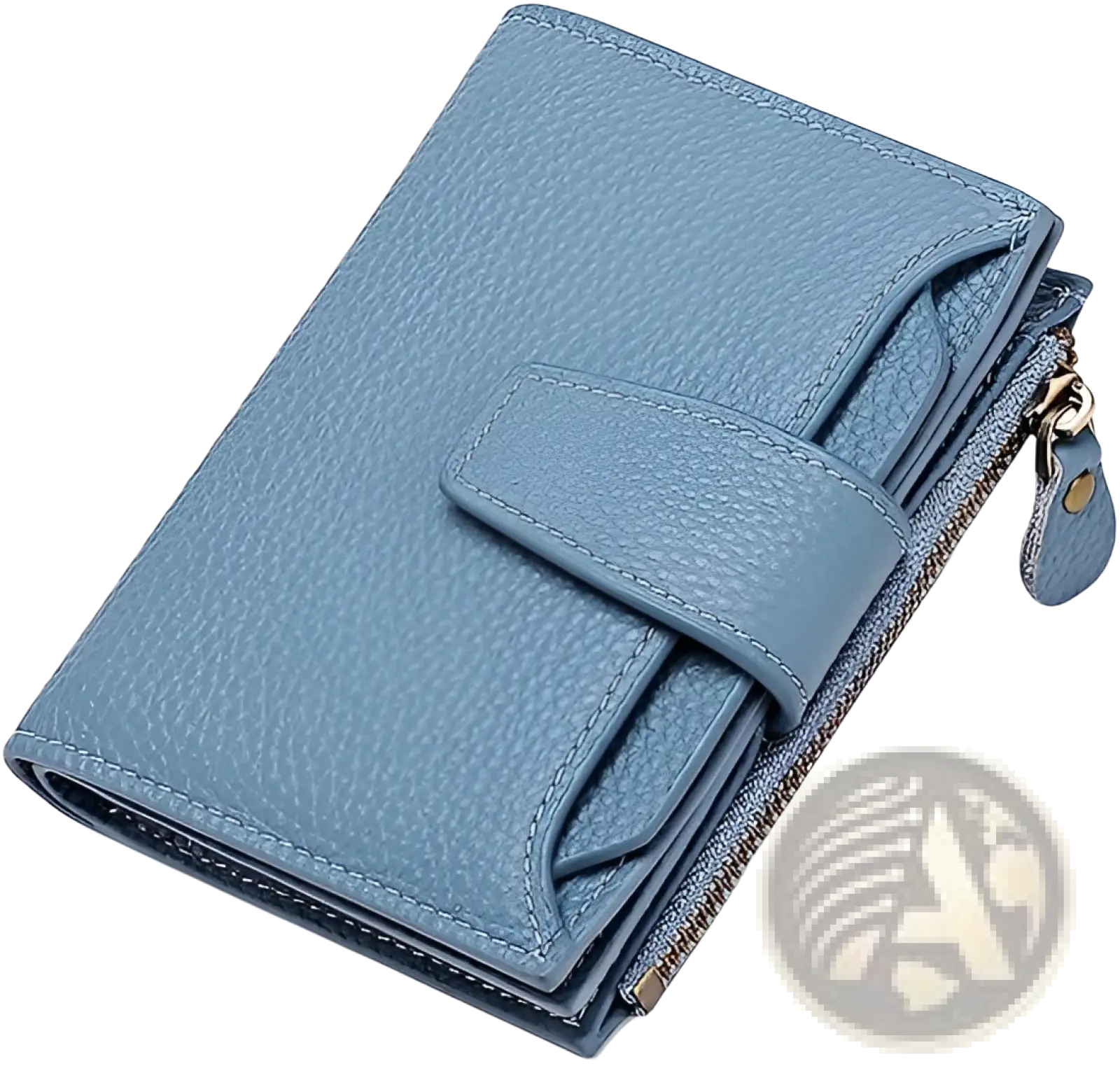 Light blue milled cowhide leather short wallet with textured flap closure and zipper detail for women