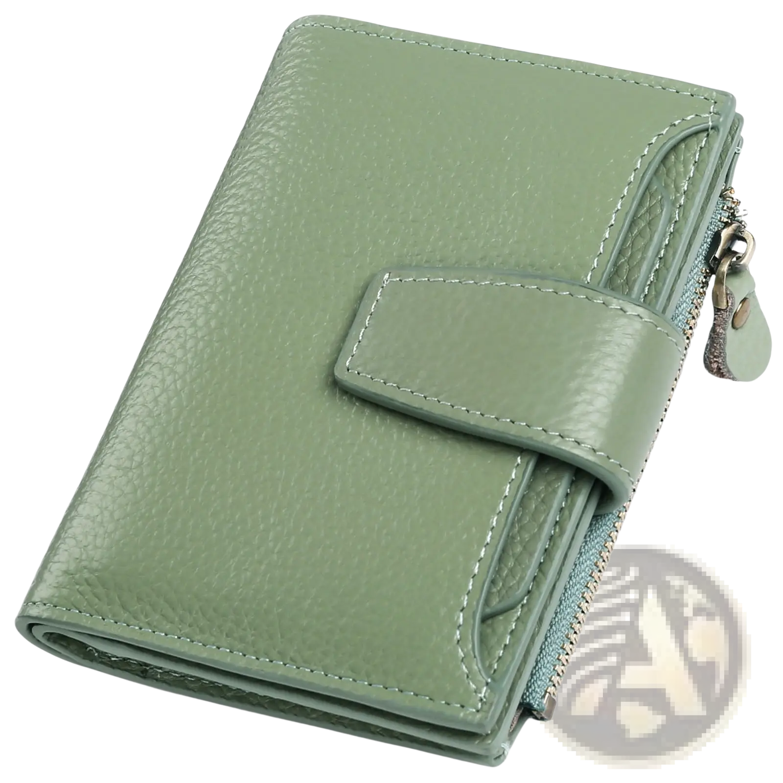 A sleek sage green women’s milled cowhide leather short wallet with textured surface and matching stitching