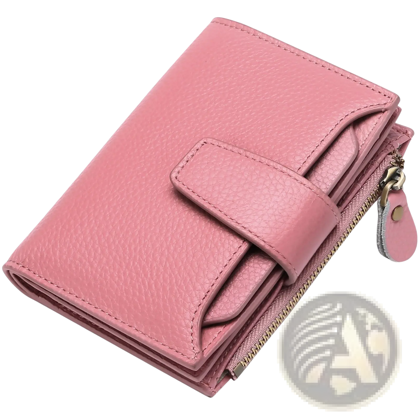 Pink milled cowhide leather women’s short wallet with textured flap closure and zipper compartment