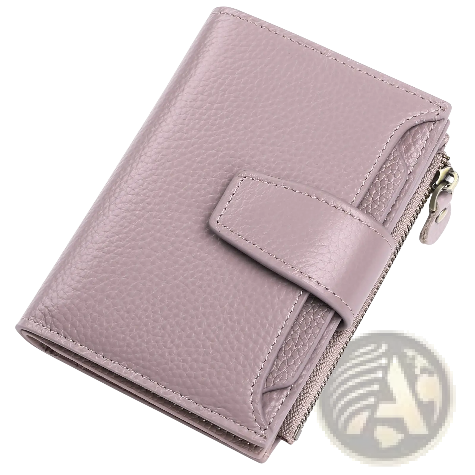 A sleek lavender milled cowhide leather short wallet with textured surface flap closure and side zipper for women