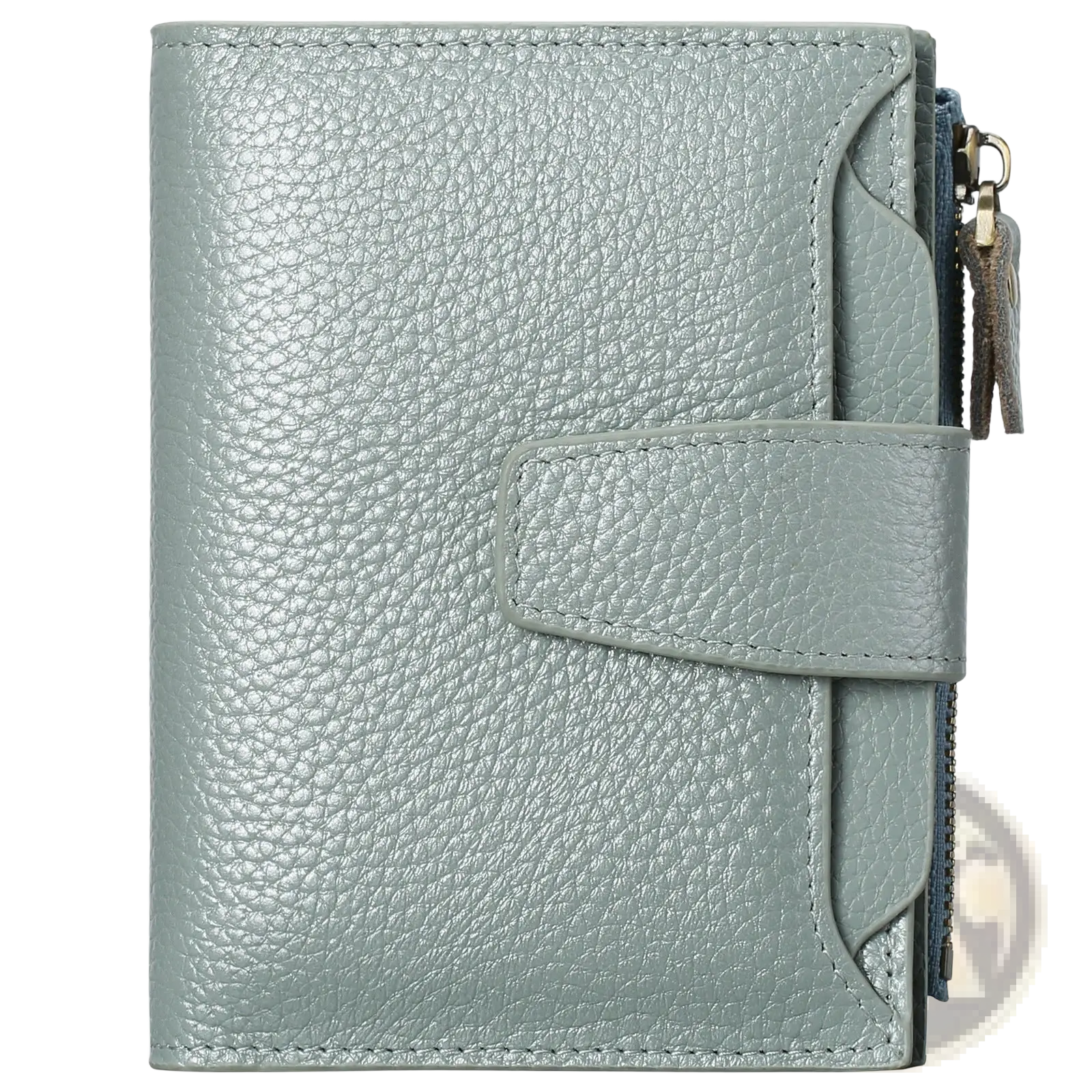 A sleek light green milled cowhide leather short wallet with textured flap closure and side zipper for women