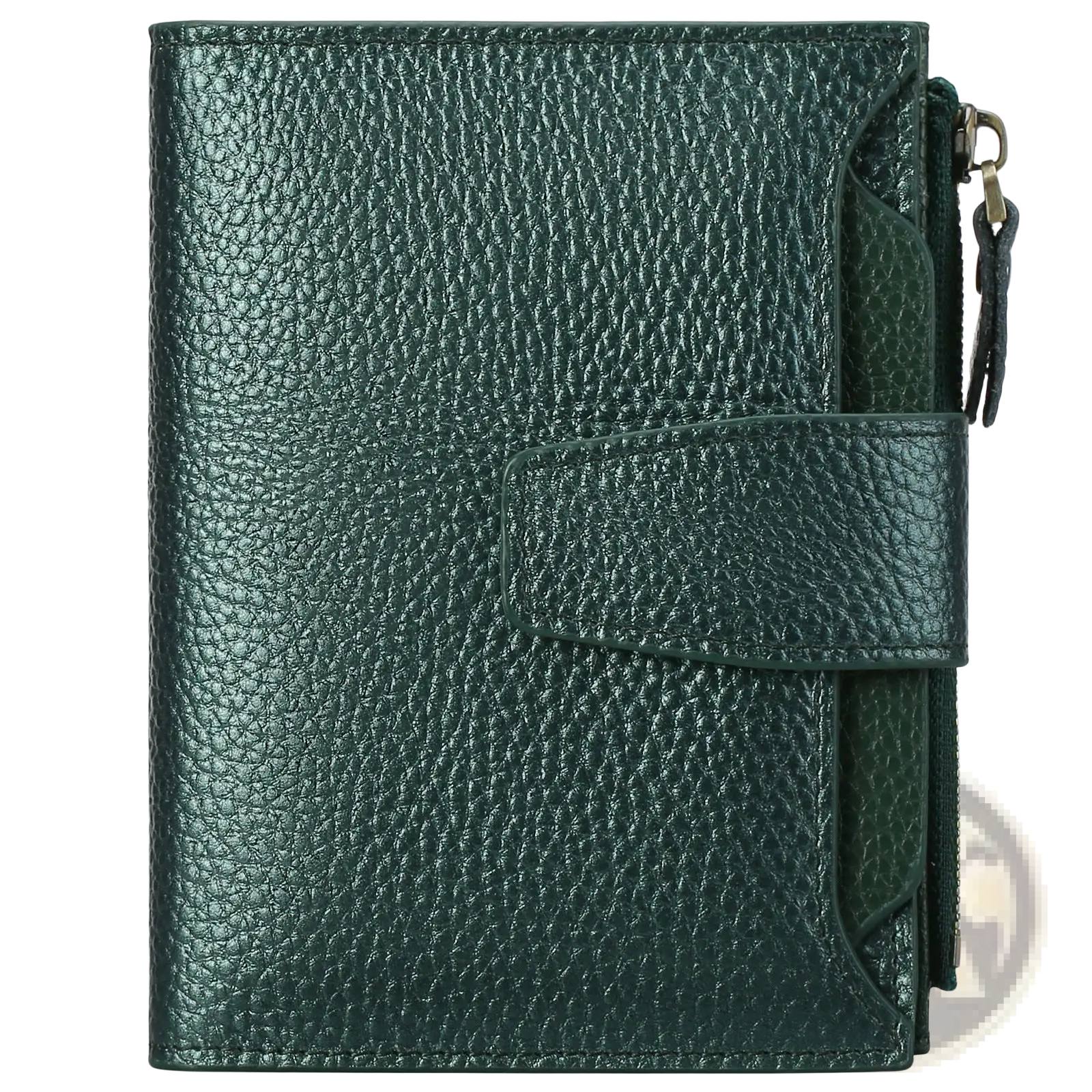 Dark green milled cowhide leather short wallet with pebbled texture, flap closure, and side zipper for women