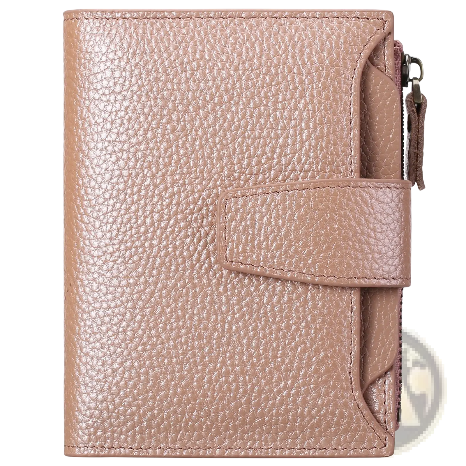 A rose gold milled cowhide leather short wallet with textured flap closure and zipper pocket for women