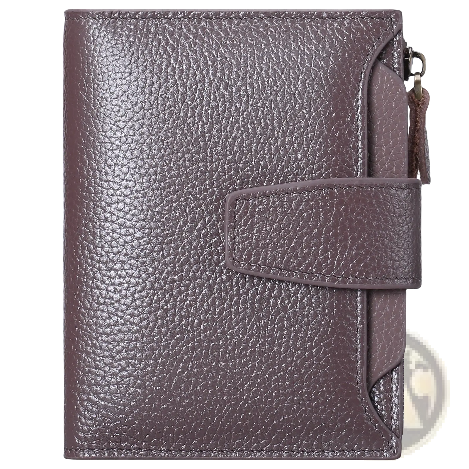 Women’s milled cowhide leather short wallet in dark purple with textured flap closure and side zipper