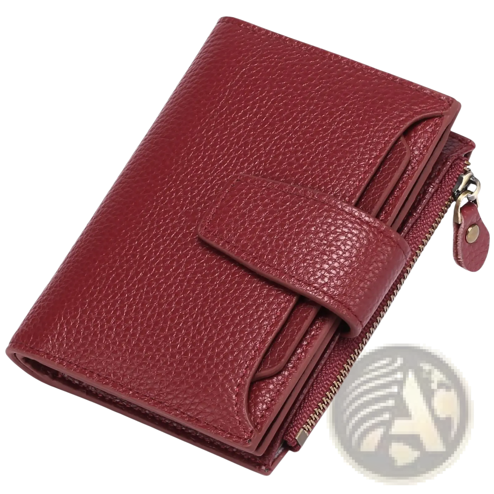 Women’s milled cowhide leather short wallet in rich burgundy with pebbled texture flap closure and zipper compartment