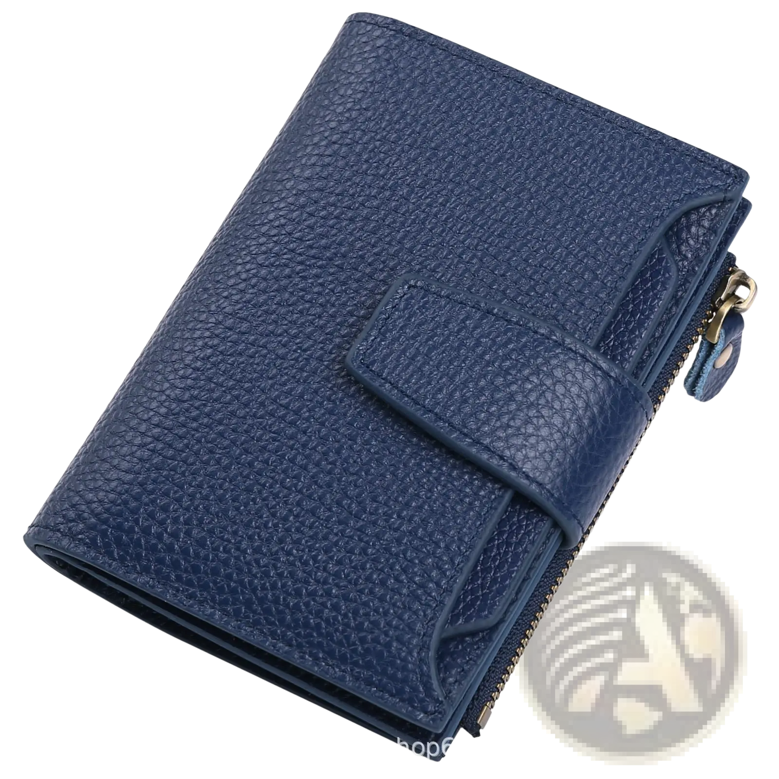 Deep blue milled cowhide leather short wallet with pebbled texture flap closure and zipper detail for women