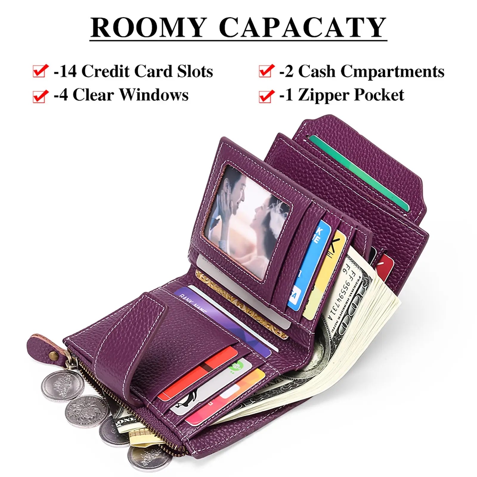 Purple milled cowhide leather short wallet with textured surface, 14 card slots, cash compartments, clear windows, and zipper pocket