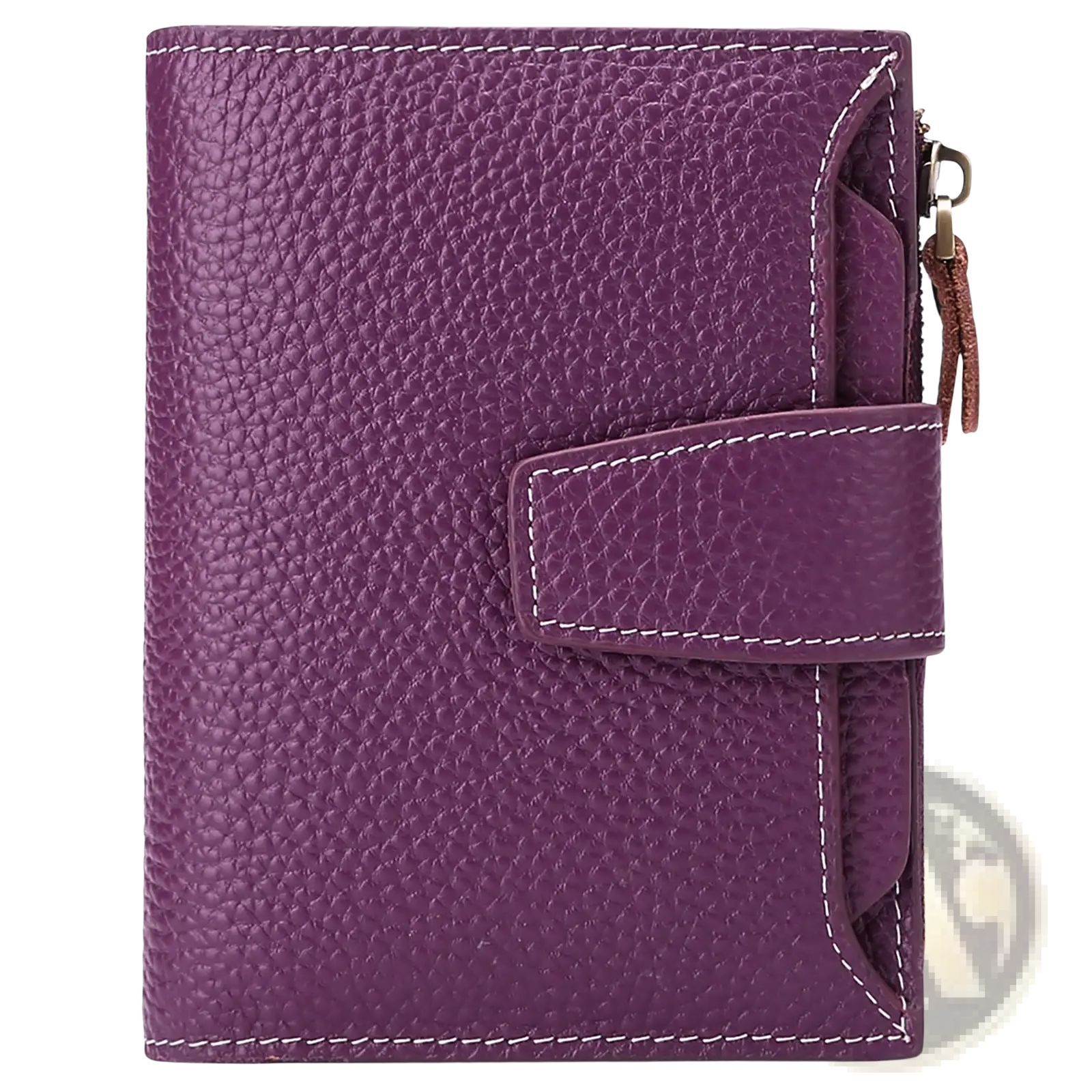 Women’s milled cowhide leather short wallet in purple with textured surface white stitching and zipper closure